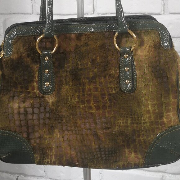 Joan Rivers Classics Green & Tan Faux Leather Faux Fur Croc Pattern Handbag - Picture 2 of 10